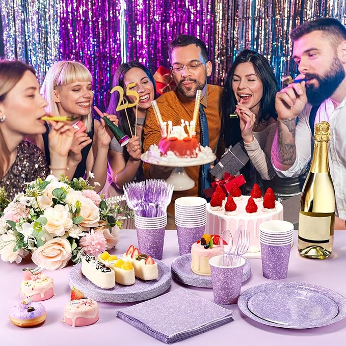 Hushee 350 Pcs Pastel Purple Holographic Print Party Supplies Guests Disposable Dinnerware Set Include Paper Plates, Napkins, Cups, Plastic Cutlery for Wedding Birthday Disco Bachelorette