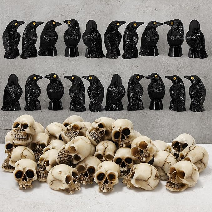 KatchOn Miniature Crows and Skulls – Pack of 40 | Halloween Decor Indoor, Outdoor | Halloween Decorations & Party Supplies | Skull Heads, Realistic Birds Decoration for Spooky Decor