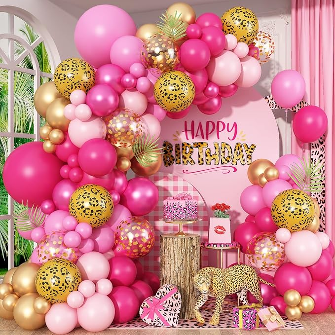 Hot Pink Cheetah Print Balloon Arch Kit, 112Pcs Pink Gold Balloon Garland with Gold Leopard Print Latex Balloon for Valentines Day Safari Jungle Animal Wild Cheetah Zoo Theme Birthday Party Decoration