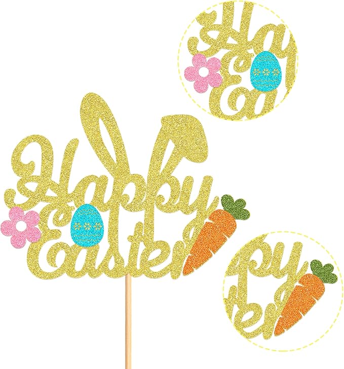 Ercadio 1 Pack Glitter Golden Happy Easter Cake Topper with Bunny Ear Easter Eggs Carrot Cake Pick for Easter Day Party Cake Decorations Table Centerpieces Supplies