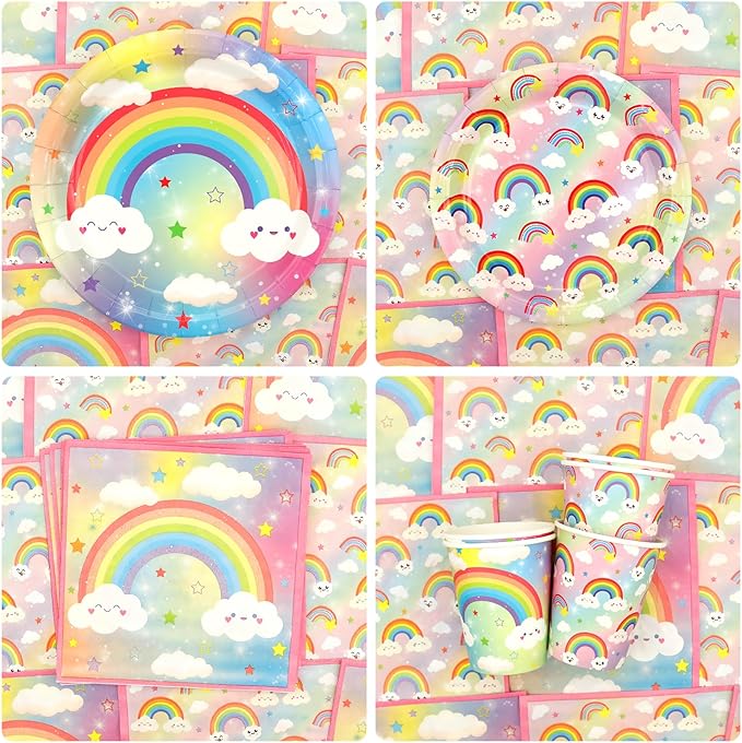 Rainbow Party Decoration - Rainbow Birthday Party Tableware Supplies Includes Plates, Cups, Napkins, Tablecloth, Straws (20)