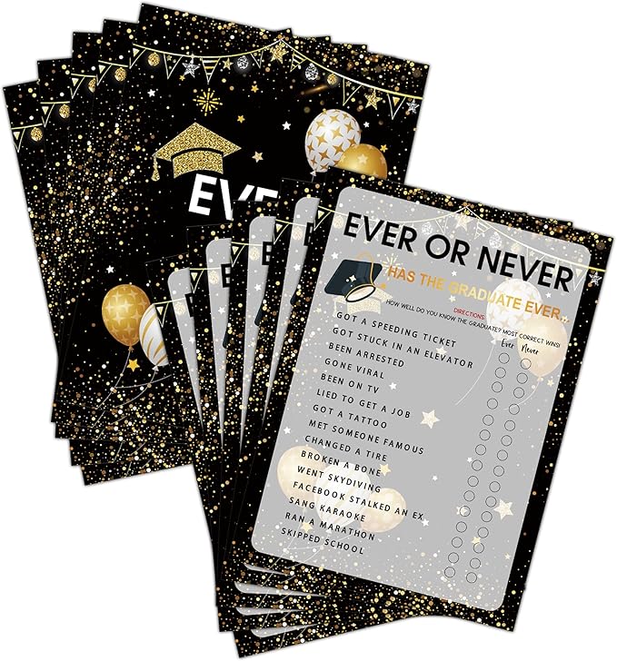 Graduation Party Games - Ever Or Never Game Cards for The Graduate - Graduation Party Decorations 2024 - Gold & Black Grad Celebrations Party Supplies for High School/College - 30 Game Cards(E02)
