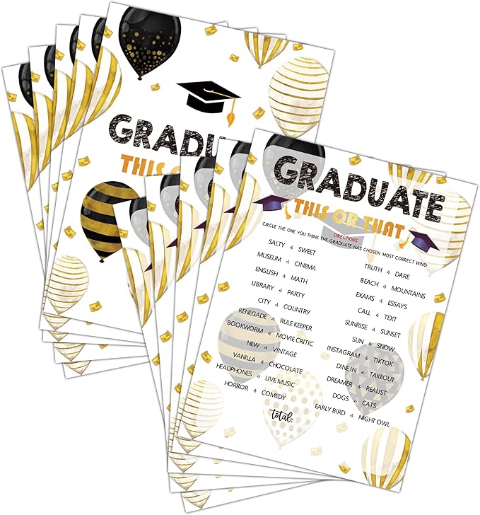 Graduation Party Games - This Or That Game Cards for The Graduate - Graduation Party Decorations 2024 - Gold & Black Grad Celebrations Party Supplies for High School/College - 30 Game Cards(F05)
