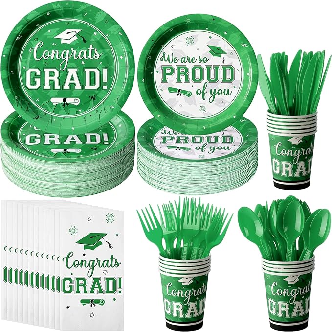 Graduation Party Supplies Congrats Grad Plates and Napkins Set Disposable Tableware Paper Plates Napkins Cups Knives Spoons Forks Straws for Class of 2026 Graduation Party Decorations Serve100 (Green)