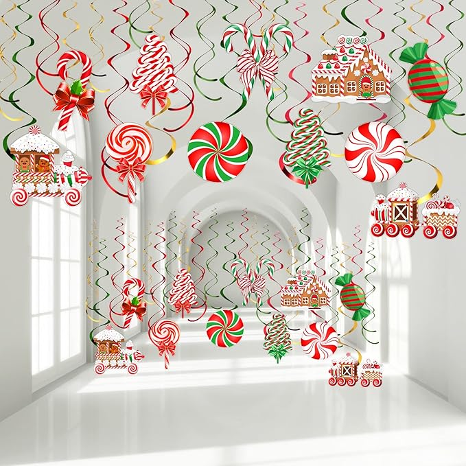 Faccito 30 Pcs Christmas Hanging Swirl Decoration Candy Theme Hanging Decorations Christmas Swirls Streamers Gingerbread House for Indoor Outdoor Xmas Winter Holiday Party Supplies