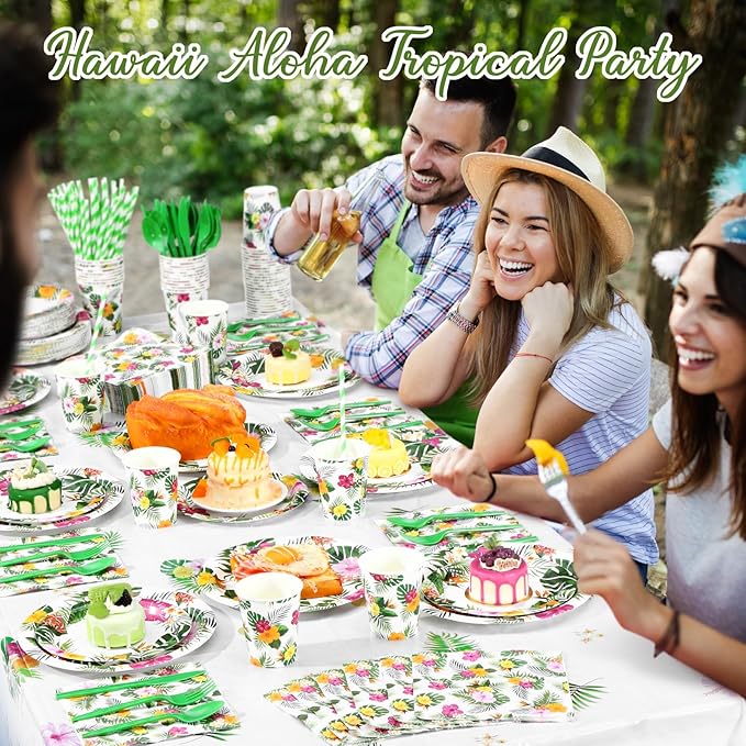 452 Pcs Hawaiian Party Decorations, Tropical Luau Paper Plates Napkins Cups Tablecloth Cutlery Straws for Summer Beach Aloha Floral Hawaiian Birthday Party Supplies Favors, Serves 50