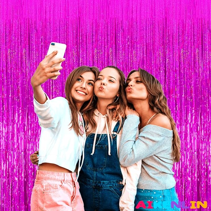 4 Pack 3.2Ft x 8.2Ft Fuchsia Foil Fringe Curtain Backdrop, Metallic Tinsel Foil Fringe Streamers Curtains Background for Photo Booth, Birthday, Wedding, Disco, Bachelorette, Christmas Party Decoration