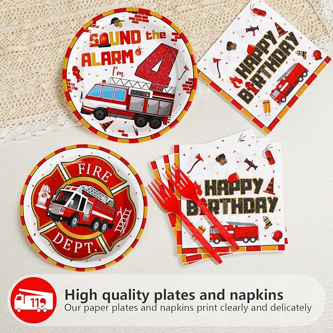 Grencian 96Pcs 4th Fire Truck Birthday Party Supplies Sound Alarm 4th Birthday Plates and Napkins Tableware Set Red White Disposable Decoration for 4 Years Old Fire Theme Fireman Firetruck Serve 24
