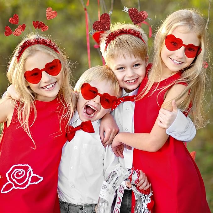 Whaline Valentine Party Accessories 6Pcs Glitter Red Heart Bopper Headbands and 6 Pairs Heart Shape Eyeglasses Love Arrow Sparkling Hairband Transparent Eyewear for Wedding Party Favor Supplies
