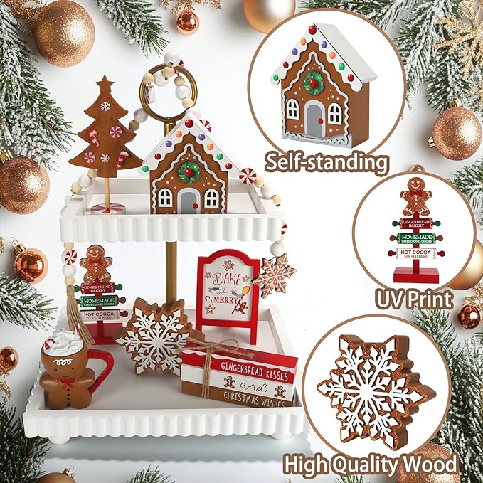 Gingerbread Christmas Decorations 8 PCS Tiered Tray Decor Set, Cute Tabletop Christmas Decor for Home Shelf Mantel Fireplace Office Desk Coffee Bar Xmas Table Centerpieces Tray Objects Holiday Baking
