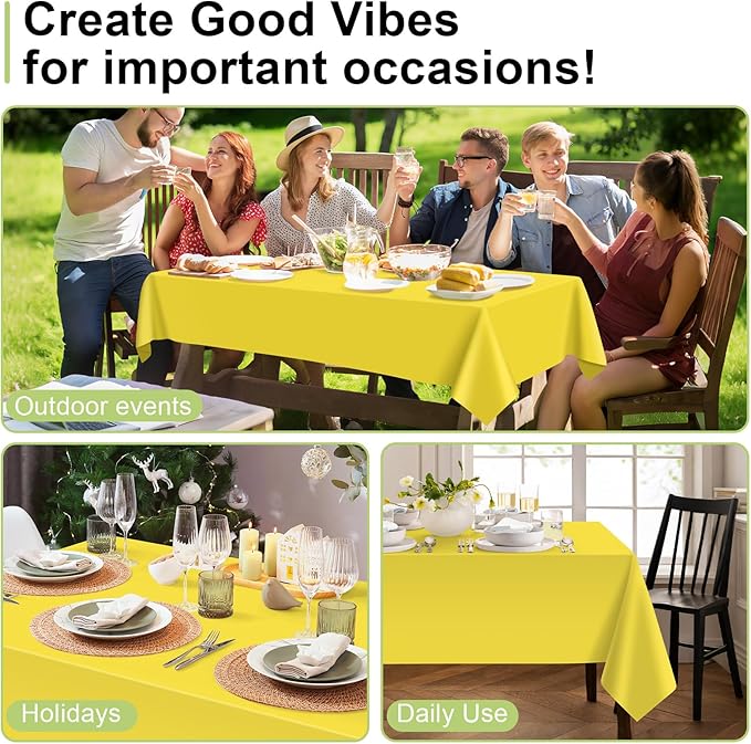 QIKSION Yellow Plastic Table Cloth Disposable 2 Pack, 54 x 108 Inch Tablecloths for Birthday Party, Easter Decorations, Rectangle Table Cover