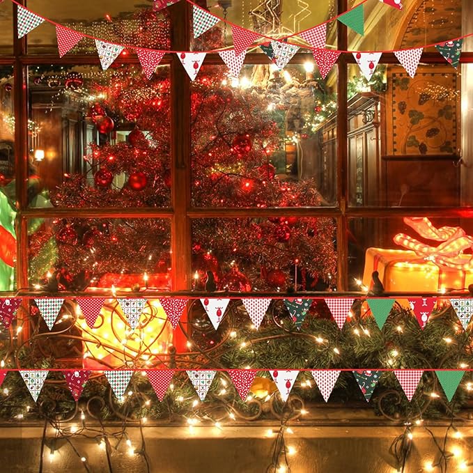 GCQQ Christmas Pennant Banner 40FT Cotton Fabric Xmas Banner 42Pcs Red Green Merry Christmas Party Banner 14 Rustic Different Floral Bunting Garlands for Home Outdoor Decoration