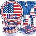 4th of July Party Supplies Tableware Set, 177 PCS Patriotic American Flag Paper Plate Disposable Set with tablecloths- Red Blue White USA Plates Napkins Cups, Forks Spoons for Picnic Barbecue