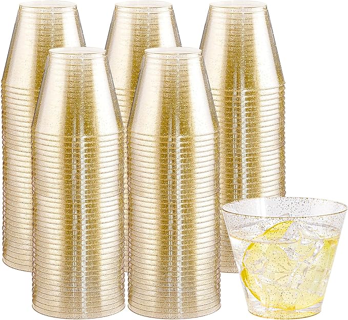 Hioasis 200Pcs 9OZ Gold Glitter Plastic Cups - Gold Plastic Cups, Heavy Duty & BPA-free for Party, Wedding, Celebrations