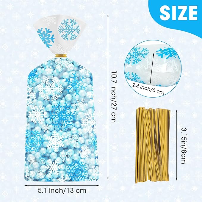 100 Pcs Winter Snowflake Treat Bags - Christmas Gift Bags, Blue White Plastic Snowflakes Cello Candy Goodie Cookie Snack Cellophane Bag with Twist Ties for Xmas Holiday Winter Wonderland Party Favors