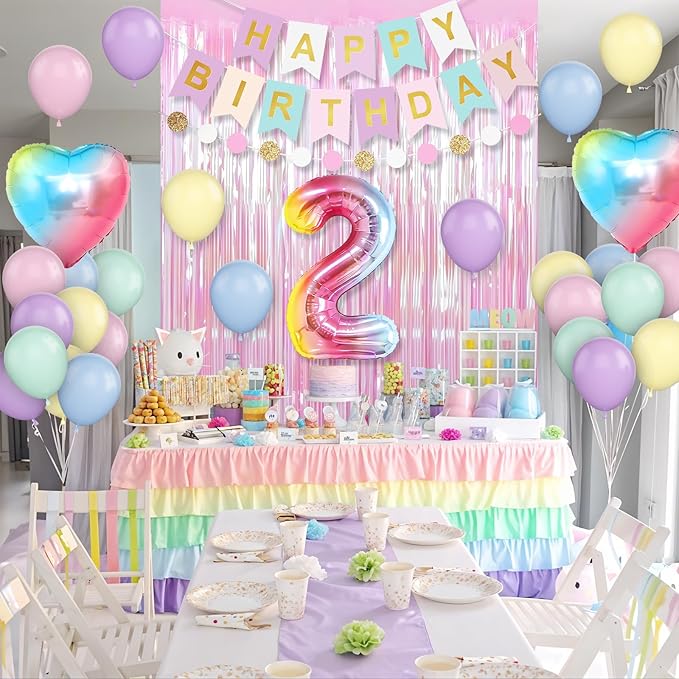 2nd Birthday Decorations Rainbow,Gradient Number 2nd Balloon,Pastel Happy Birthday Banner Fringe Curtain Heart Foil Balloons Boys Girls 2 Year Old Decor