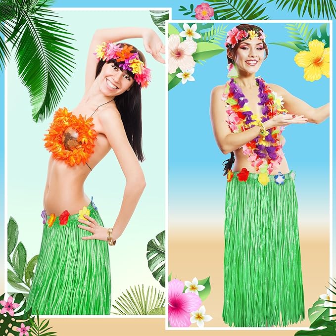 Hawaiian Party Table Decorations, 1PCS Green Luau Party Table Skirt Decorations, 108 X 29.5" Grass Skirts Luau Party Favors, Luau Table Skirt for Summer Tropical Hula Parties Decor Accessories