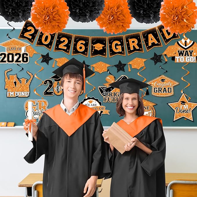 Orange and Black Graduation Decorations, 2026 Grad Banner and Congrats Grad Hanging Swirls, Orange Graduation Banner Graduations Hanging Swirls College Graduations Party Decorations Class of 2026