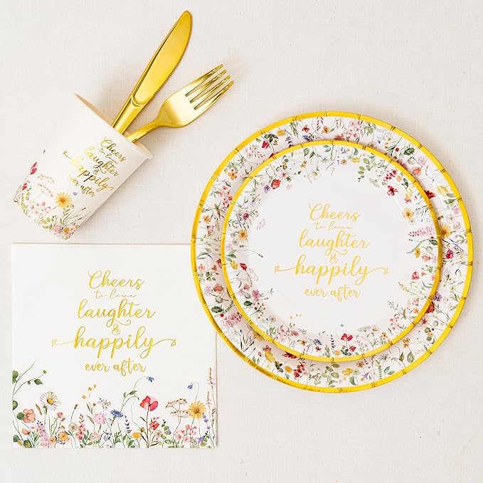 Crisky Bridal Shower Plates and Napkins Gold Cheers to Love Disposable Tableware Set of 24 for Engagement Bridal Shower Wedding Party Decorations (Plates, Napkin, Cups, Tablecloth, Knife & Fork)