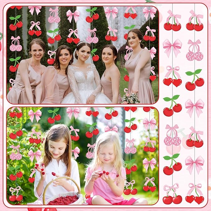 Xinnun Cherry Party Decorations Pink Bow Hanging Banners Garland Cherry Baby Shower Decorations Cutouts Ribbon Streamers for Berry Birthday Bridal Engagement Bachelorette Wedding Party Decor