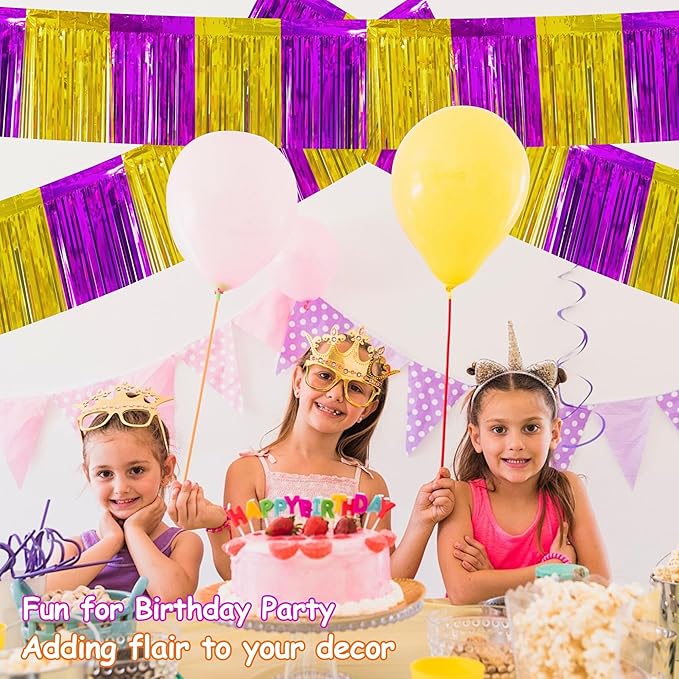 4 Packs Total 39 Ft Graduation Parade Floats for Trailer Car, Purple Gold Foil Fringe Garland Tinsel Streamers Banner Table Skirts for Graduation Homecoming Birthday Party (Purple Gold)