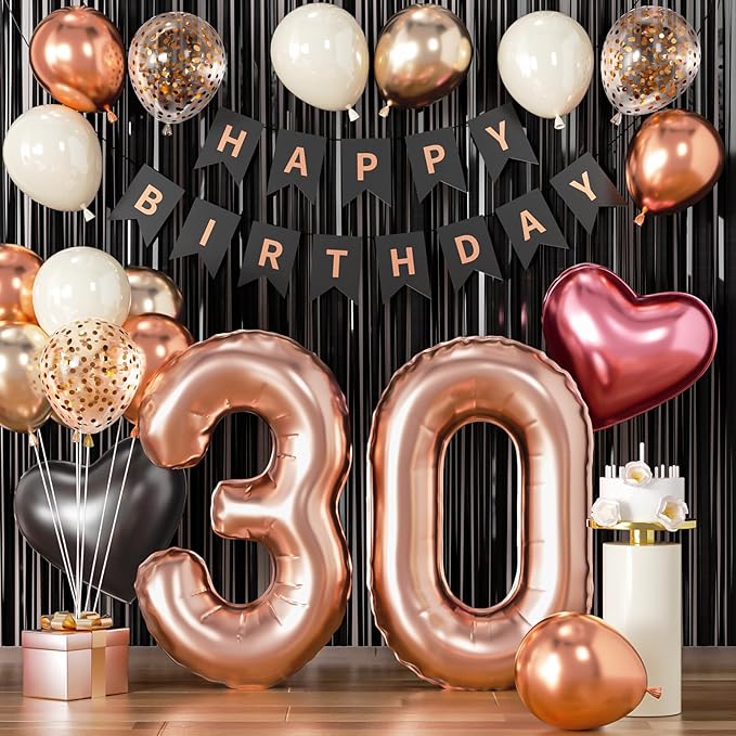 30th Birthday Decorations for Women - Rose Gold, Black and Hot Pink Party Supplies Set with Happy 30th Banner, Number 30 Balloons and Foil Fringe Curtains - 30 Year Old Celebration Kit