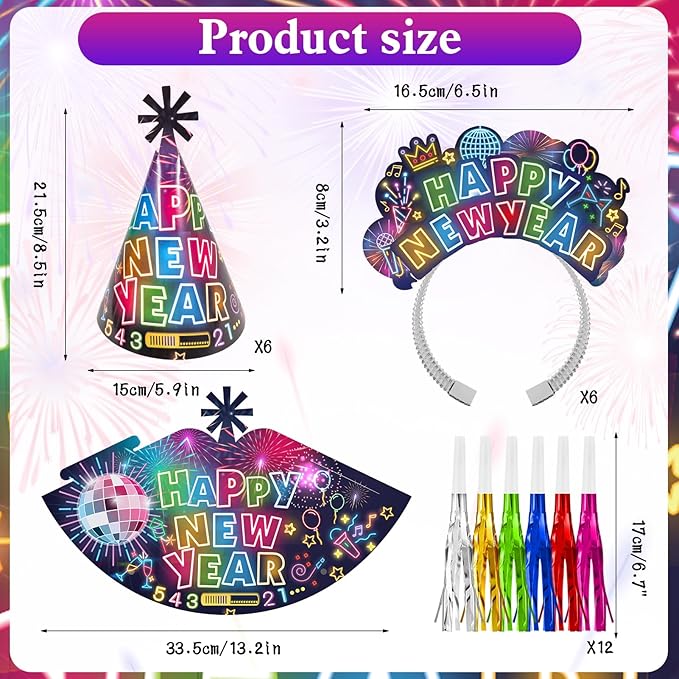 HOWAF 36 Pcs Glitter New Year's Eve Party Supplies Kit, 2026 Happy New Year Eve Shiny Firework Party Supplies-New Year Headband Eyeglasses New Year Top Hats New Year Fringed Noisemaker