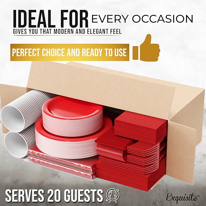 222 Pcs Red Paper Plates and Napkins Sets, Disposable Plates For Party, Lunch & Cocktail Napkins Paper, 18oz Plastic Cups, Cutlery and Red Table cloth Plastic Dinnerware Set