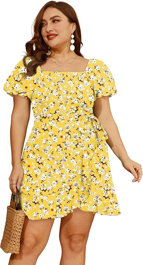 Sampeel Womens Summer Dresses Square Neck Puff Sleeve Tie Waist Short Dress