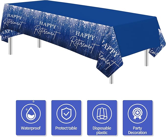Blue Retirement Party Tablecloth Decorations - Disposable Happy Retirement Party Supplies for Men Women Tablecover, Retirement Table Decorations Table Cloth - 3 Pack (54in x 108in)