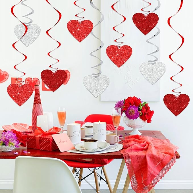 BEISHIDA Happy Valentine's Day Pre-Strung Hanging Swirls Valentine's Decorations Red Red Silver Glitter Heart Hanging Streamers for Wedding Anniversary Engagement Proposal Party Supplies 15Pcs