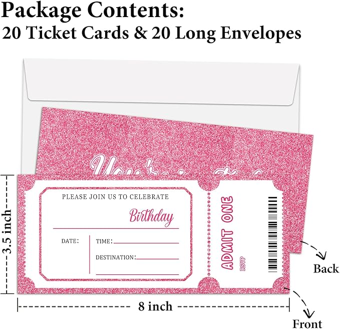 Pink Glitter Birthday Invitation Ticket, Glitter Invitation for Girls Teens, 20 Ticket With Envelopes, 3.5 x 8 inch Double-Sided Fill In Birthday Party Personalized Invites Cards - C