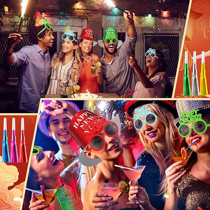 Shappy 36 Pieces New Year Eve Party Supplies 2026 Includes 12 Paper New Year Party Hats, 12 Colorful Glasses, 12 Colorful Blowers Noisemakers for 2026 Decorations Supplies