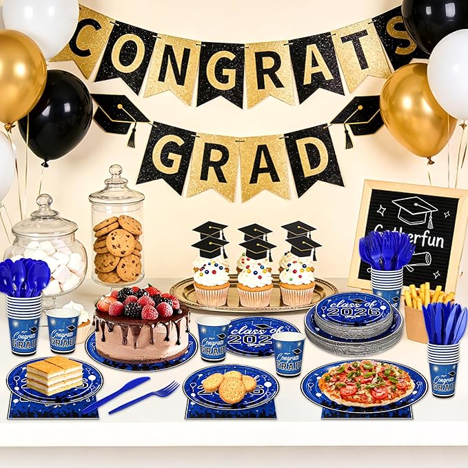 175PCS Graduation Plates and Napkins Set 2026 Graduation Party Supplies Tableware Set Include Paper Plate Napkin Cup Knife Fork Spoon for Grad Party Decor Serve25 (Blue and Black)