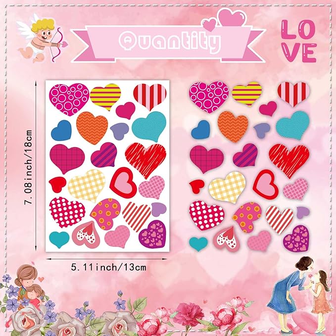 Heart Stickers for Kids, Valentines Day Colorful Heart Stickers Valentine's Day Love Decorative Stickers Valentine's Day Party Favors Supplies
