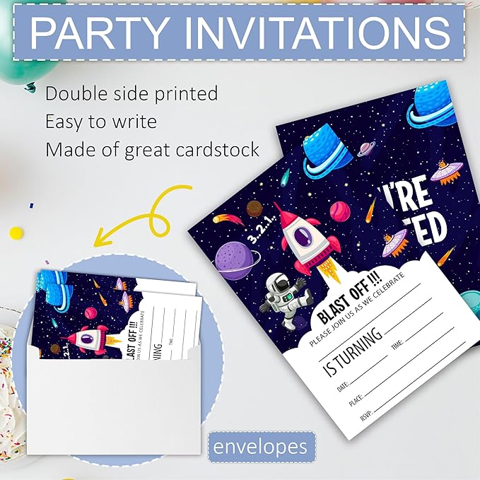 Outer Space Birthday Party Invitations, Planets Rocket Ship Astronaut Invitation Cards with Envelopes, Fits for Boys Girls Teen, Set of 20 Double Sided Printed & Fill In Blank-4 x 6, Party Supplies