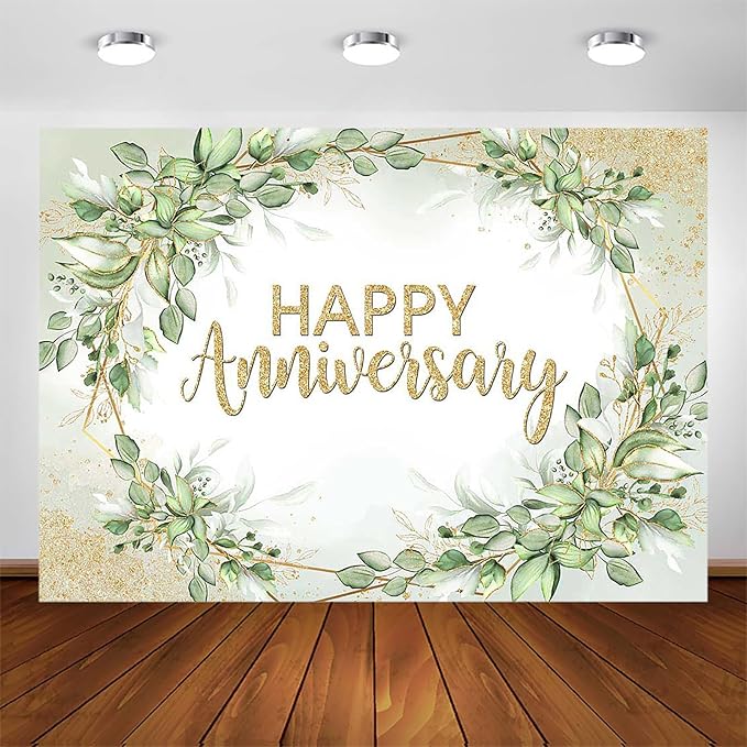 Avezano Happy Anniversary Backdrop Sage Green Leaves Anniversary Banner Wedding Party Decorations Photo Booth Background (7x5ft)