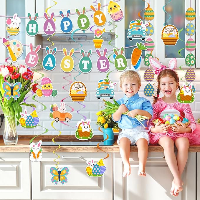 53pcs Easter Decorations for Home Easter Garland Happy Easter Banner Easter Decorations Indoor with Egg Bunny Hanging Swirl for Home School Classroom Easter Party Decorations