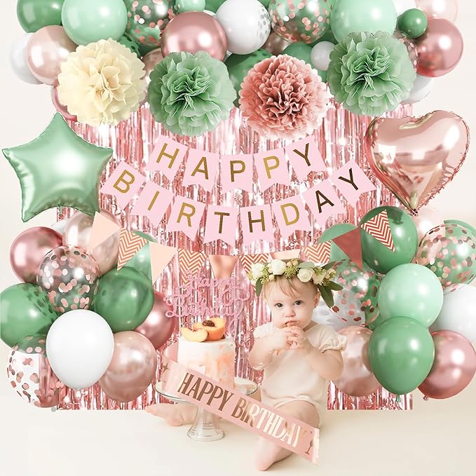 Rose Gold and Sage Green Birthday Decorations, Retro Avocado Green Party Décor with Foil & Latex Balloons Sash Fringe Curtains Happy Birthday Banner Cake Topper Paper Pompoms Decor for Women Girl