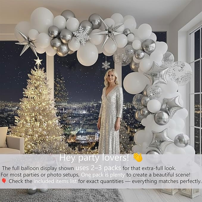 White Winter Wonderland decorations with Pearl White Silver Balloon Garland Arch & Foil Star printed balloons Artificial Snowflakes For winter 1st birthday Christmas new year party decorations