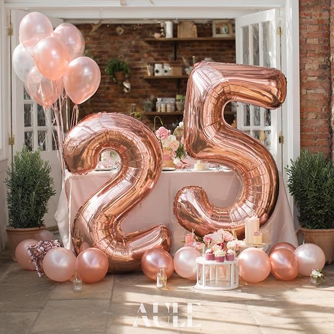 AULE 40 Inch Large 25 Number Balloons Rose Gold Big Foil Number Balloons Giant Helium Happy 25th Birthday Party Decorations for Women Huge Mylar 52 Anniversary Supplies