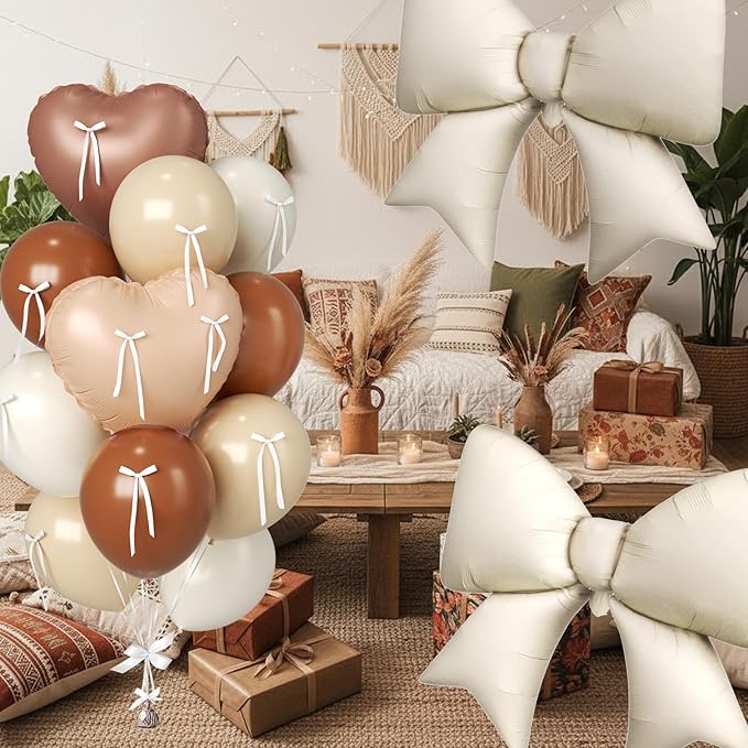 16Pcs Apricot Brown Heart Balloons, 38 Inch Bow Balloons, Tan Beige Sand White Balloon and Bow Heart Shaped Foil Balloon for Neutral Birthday Wedding Bridal Baby Shower Valentines Day Decorations