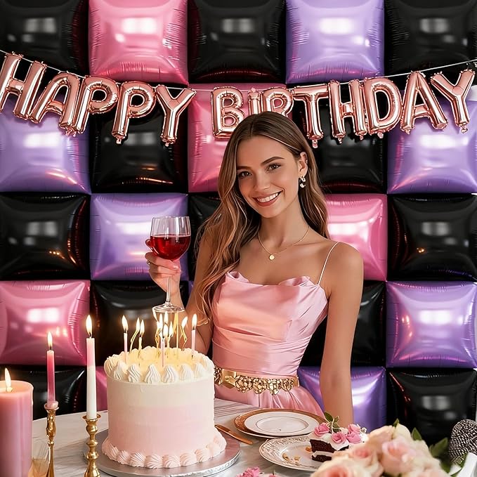 Pink and Purple Black Square Foil Balloons Wall, 19'' Reusable DIY Mylar Double Balloons Garland Tunnel Arch Kit for Baby Shower Anniversary Bachelorette Birthday Engagement Bridal Decor ﻿