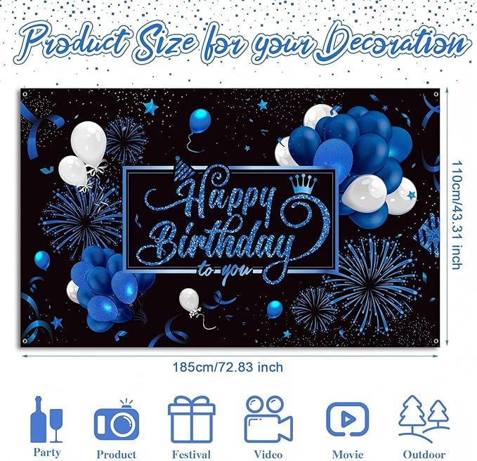 Blulu Happy Birthday Backdrop Banner Sign Poster Large Fabric Glitter Balloon Fireworks Sign Photo Backdrop Background for Birthday Party Decoration Supplies, 72.8 x 43.3in (Blue)
