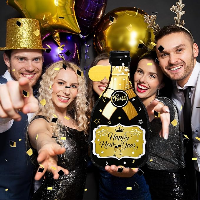Capoda Happy New Year Champagne Piñata Set 16 x 8.3 x 3 Inches Champagne Bottle Black and Gold Piñata with Tassel Stick Blindfold Confetti for 2026 New Years Eve Party Games Supplies Decorations