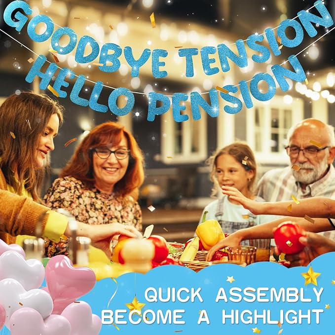 Retirement Banner Pre-Strung GOODBYE TENSION HELLO PENSION Banner Glitter Retirement Party Supplies Decorations for Women Men Office Home Decor (Dark blue)