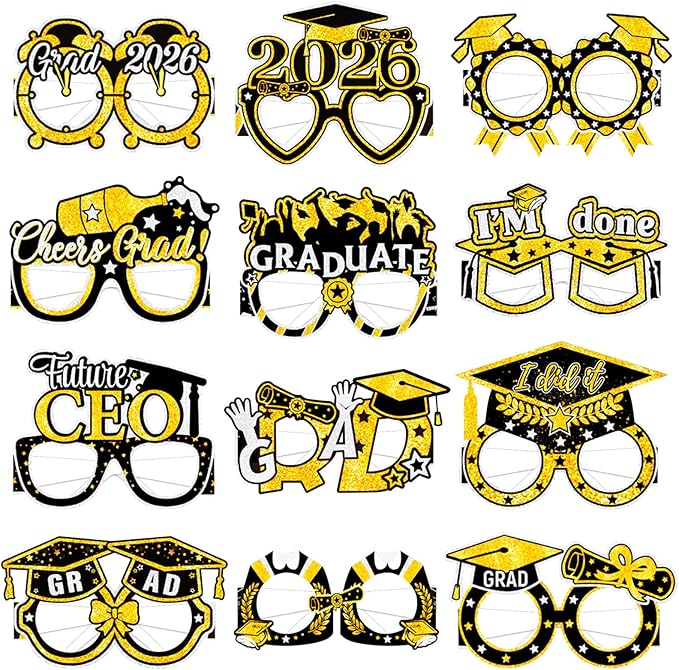 12PCS Graduation Glasses, Graduation Party Paper Eyeglasses Photo Booth Props for Class of 2026 Grad Party Supplies Decorationss