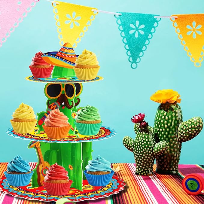 Fiesta Party Decorations - 3 Tier Mexican Birthday Party Cupcake Stand & Topper - Cactus Fiesta Cupcake Holder Display - Cinco De Mayo & Baby Shower Supplies