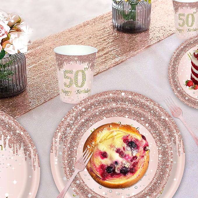 121Pcs 50th Birthday Party Supplies Plates Napkins Cups Forks Tablecloth Rose Gold Happy 50th Birthday Themed Disposable Tableware Decorations Serves 24 Guests for Women Ladies 50 Years Old Birthday
