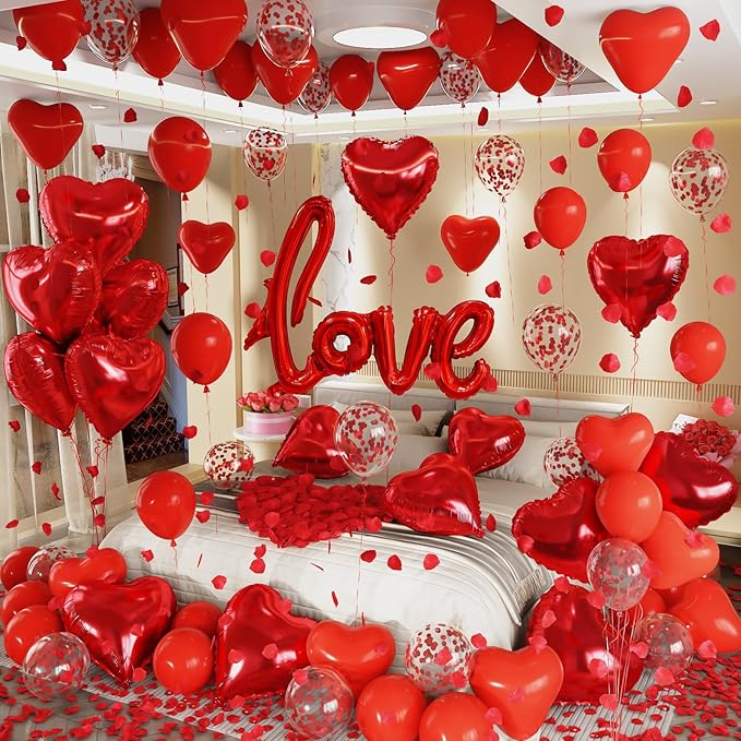 Red Heart Balloons Love Balloon Valentines Day Balloons Decorations Red Heart Shaped Confetti Latex Balloon with Rose Petals for Romantic Valentine Bridal Shower Wedding Special Night Party Decoration
